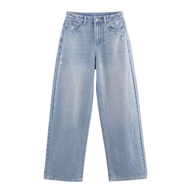High Waisted Straight Leg Jeans And Rhinestone Short Denim Jacket American Style Two-Piece Outfit For Women_mkmklike.com