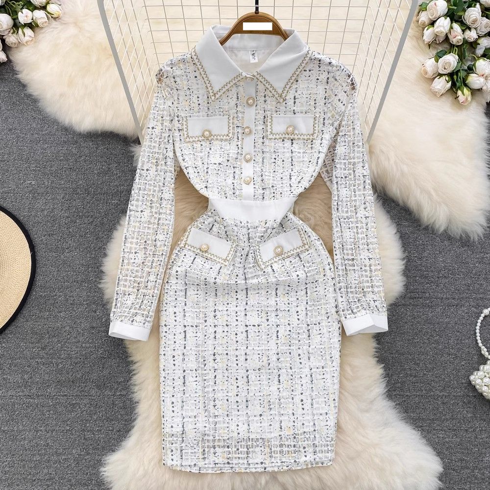 Women's Clothing high end lady light luxury temperament long sleeved lapel waist slim lace hip dress for women_mkmklike.com