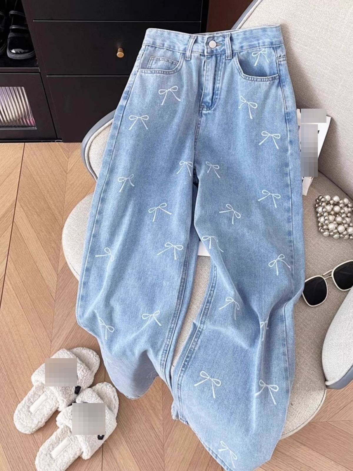 Bow-Knot Print High-Waisted Jeans – Korean Style Straight Leg Trousers For Pear Shape & Wide Hips (XS-2XL)_mkmklike.com