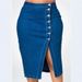 Sexy Button Down Split Denim Midi Skirt For Women, High Waist Bodycon Pencil Jean Skirt, Casual Streetwear Blue Denim Skirt For Party Daily_mkmklike.com