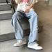 Men's Clothing Men's Straight Leg Jeans Light Blue Frayed Edge Cross Patterned Retro Trendy Youth Spring Fashion Pants_mkmklike.com