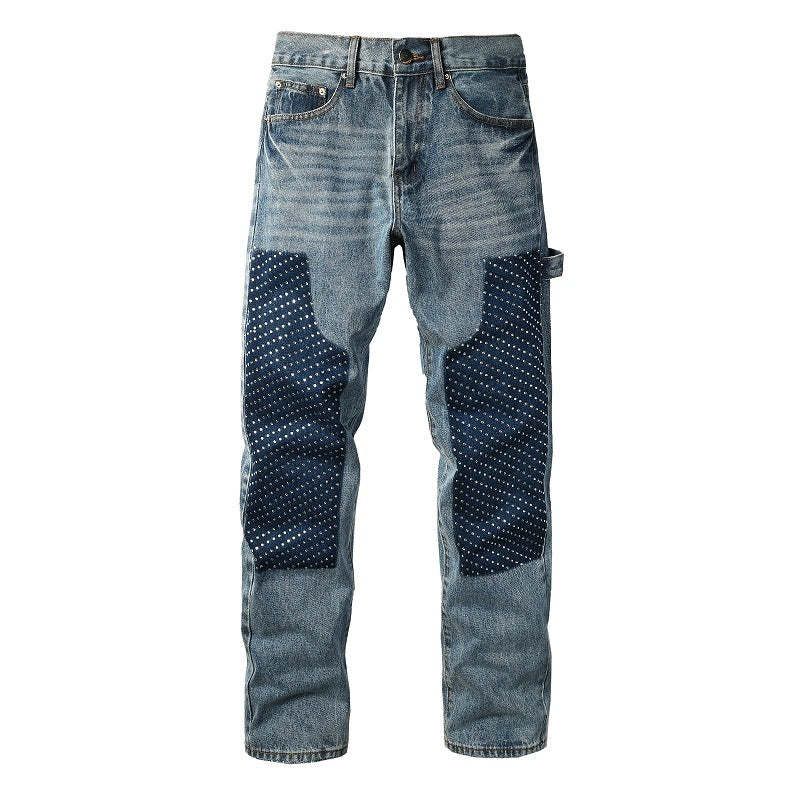Men's Washed Blue Denim Jeans With Rhinestone & Patchwork Detail, Straight Leg Cargo Pants_mkmklike.com