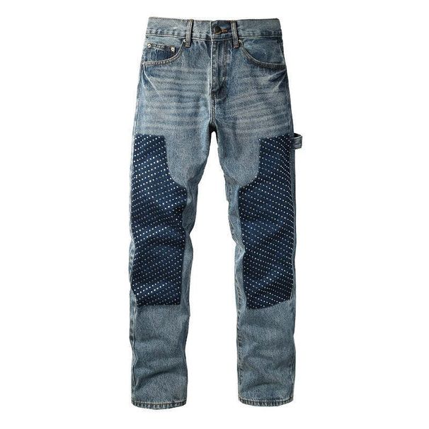 Men's Washed Blue Denim Jeans With Rhinestone & Patchwork Detail, Straight Leg Cargo Pants_mkmklike.com