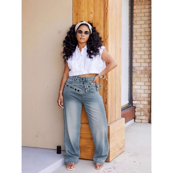 Women's Distressed Denim Wide-Leg Jeans Detachable Utility Belt Vintage Wash Straight Leg Trousers Multi-Pocket Design_mkmklike.com