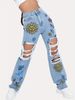Women's Clothing Fashion Ripped Print Straight High Waist Slim Denim Trousers Versatile Trendy Jeans_mkmklike.com