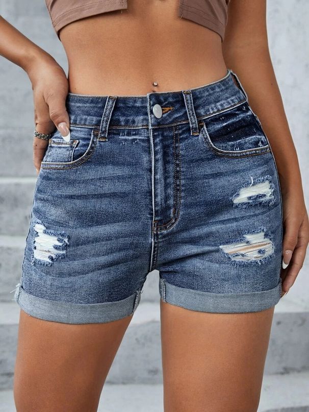 Women's Clothing Stretch Jeans Ripped Denim Shorts High Waist Jeans_mkmklike.com