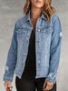 Women's Distressed Denim Jacket With Ripped Details, Light Blue Casual Oversized Denim Vest, Stretch Spandex Blend For Comfort_mkmklike.com