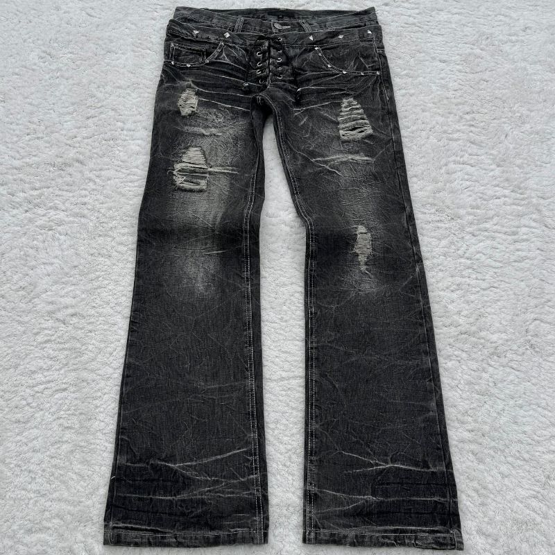 Y2K Gothic Grunge Vintage Washed Denim Jeans With Lace-Up Detail & Flared Hem For Streetwear Fashion_mkmklike.com
