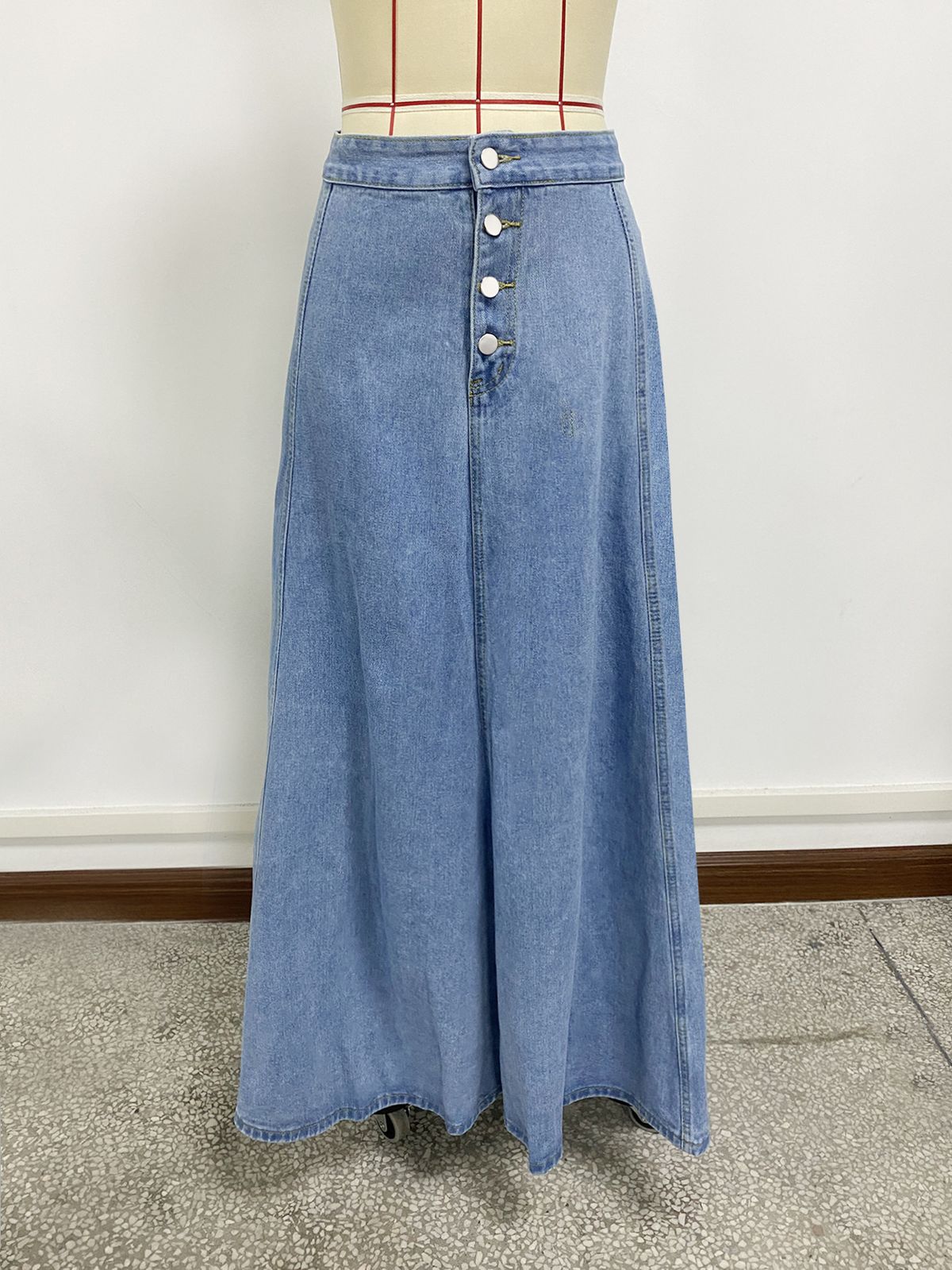 Design Sense Single Button Denim Skirt Women Retro Stylish Big Swing A-line Skirt_mkmklike.com