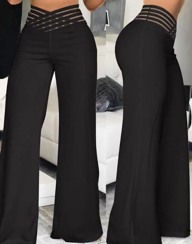 women's hollow belt trousers temperament commuting slightly flared trousers high waist casual wide leg trousers_mkmklike.com