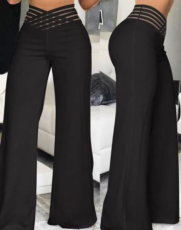 women's hollow belt trousers temperament commuting slightly flared trousers high waist casual wide leg trousers_mkmklike.com