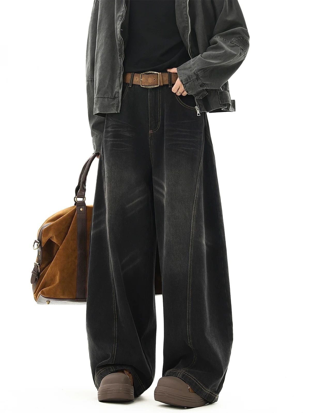 Men's Vintage Washed Distressed Jeans - Relaxed Fit Straight Leg With Whisker Detailing For Casual Streetwear & Clean Aesthetic_mkmklike.com