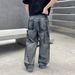 Men's Gray Distressed Jeans – Vintage High Street Baggy Denim Pants With Frayed Hem & Hand-Painted Details – Retro Loose Fit Streetwear Trousers_mkmklike.com
