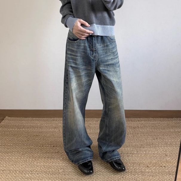 Men's Washed Ghost Claw Cat Whiskers Honeycomb Denim Jeans Old Money Cleanfit Street Wide Leg Casual Retro Distressed Jeans_mkmklike.com