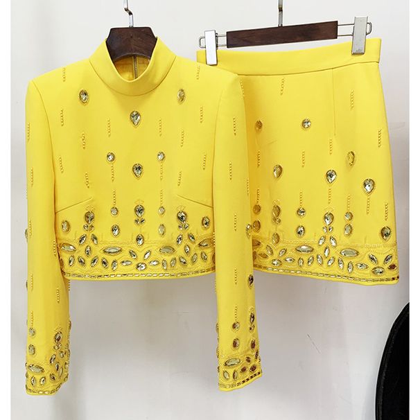 Women's Clothing celebrity fashion new heavy beaded diamond short top skirt suit two piece suit_mkmklike.com