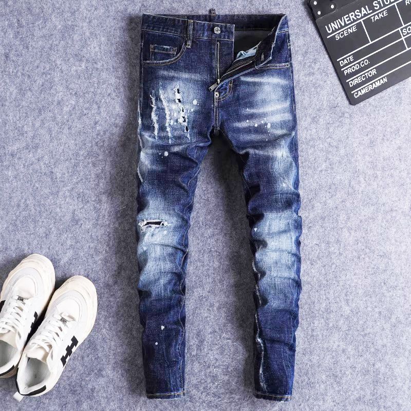 Men's Ripped Skinny Jeans High Street Style Distressed Dark Blue Washed Trendy Brand Embroidered Retro Slim Fit Jeans_mkmklike.com