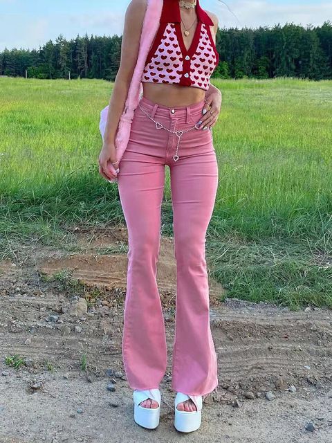 Women's Clothing New Fashion High Waist Slim Street Style Pink Hip Flared Casual Jeans_mkmklike.com