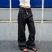 Unisex High Street Style American Retro Washed Raw Denim Black Irregular Button Jeans Straight Leg Loose Fit Trendy_mkmklike.com