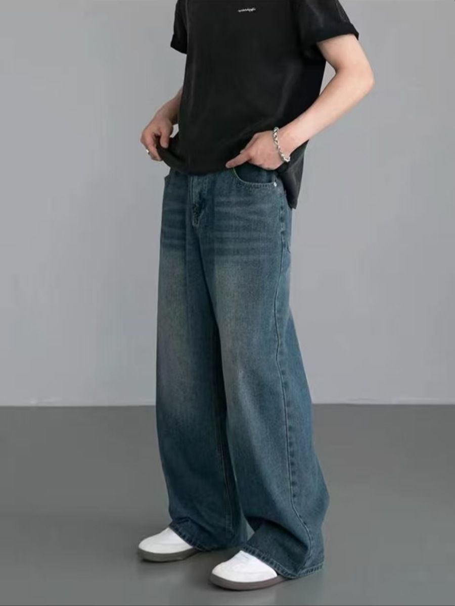 Retro Washed Loose Fit Straight Leg Jeans Midweight Softener Stretch Blue Jeans for Men And Women Perfect for Spring_mkmklike.com