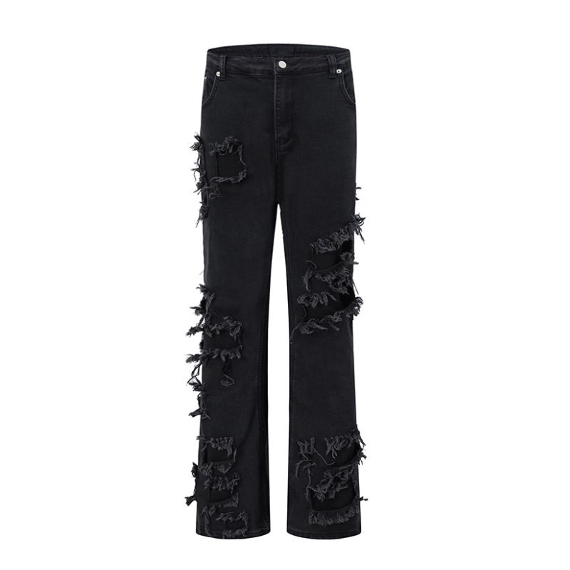 Dark Retro Light Style Stretch Flared Jeans With Double-Layer Distressed Hem & Ribbon Trim - Slim Fit, High Waist, Vintage Wash (Black)_mkmklike.com