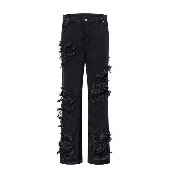 Dark Retro Light Style Stretch Flared Jeans With Double-Layer Distressed Hem & Ribbon Trim - Slim Fit, High Waist, Vintage Wash (Black)_mkmklike.com