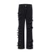 Dark Retro Light Style Stretch Flared Jeans With Double-Layer Distressed Hem & Ribbon Trim - Slim Fit, High Waist, Vintage Wash (Black)_mkmklike.com