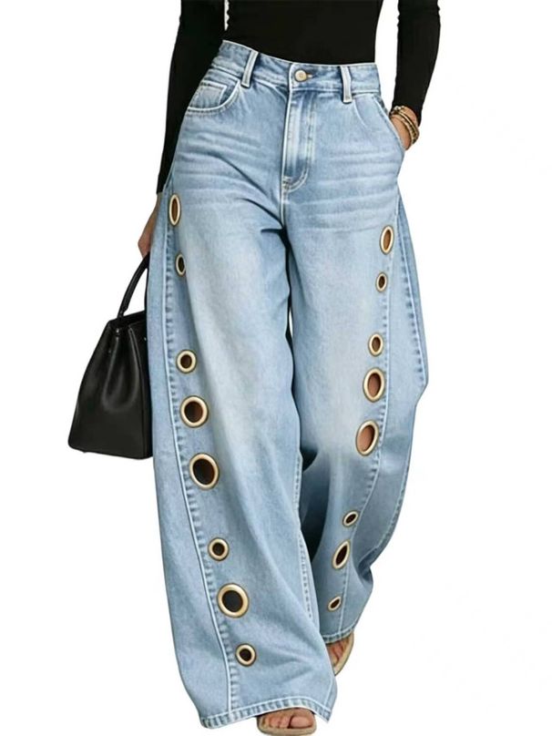 Women's Loose Fit Denim Jeans With Metal Grommet Details - Vintage Washed Blue & Black High-Rise Wide Leg Trousers For Casual Style_mkmklike.com