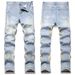 Men's Slim Straight Jeans With Fashion Hole Embroidery Patch - Comfortable Cotton Denim Pants For Casual Wear (Sizes 28-42)_mkmklike.com