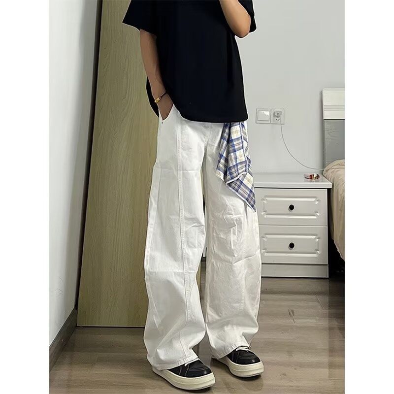 BOY Detachable Square Scarf Plaid White Scimitar Jeans Unisex American High Street Design Sense High-End Wide-Leg Straight_mkmklike.com