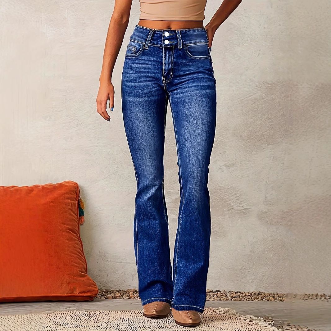 Vintage Stretch Flare Jeans For Women - Retro High Waist Denim Pants With Distressed Wash, Street Style Comfort Fit (Dark Blue/Light Blue/Black)_mkmklike.com