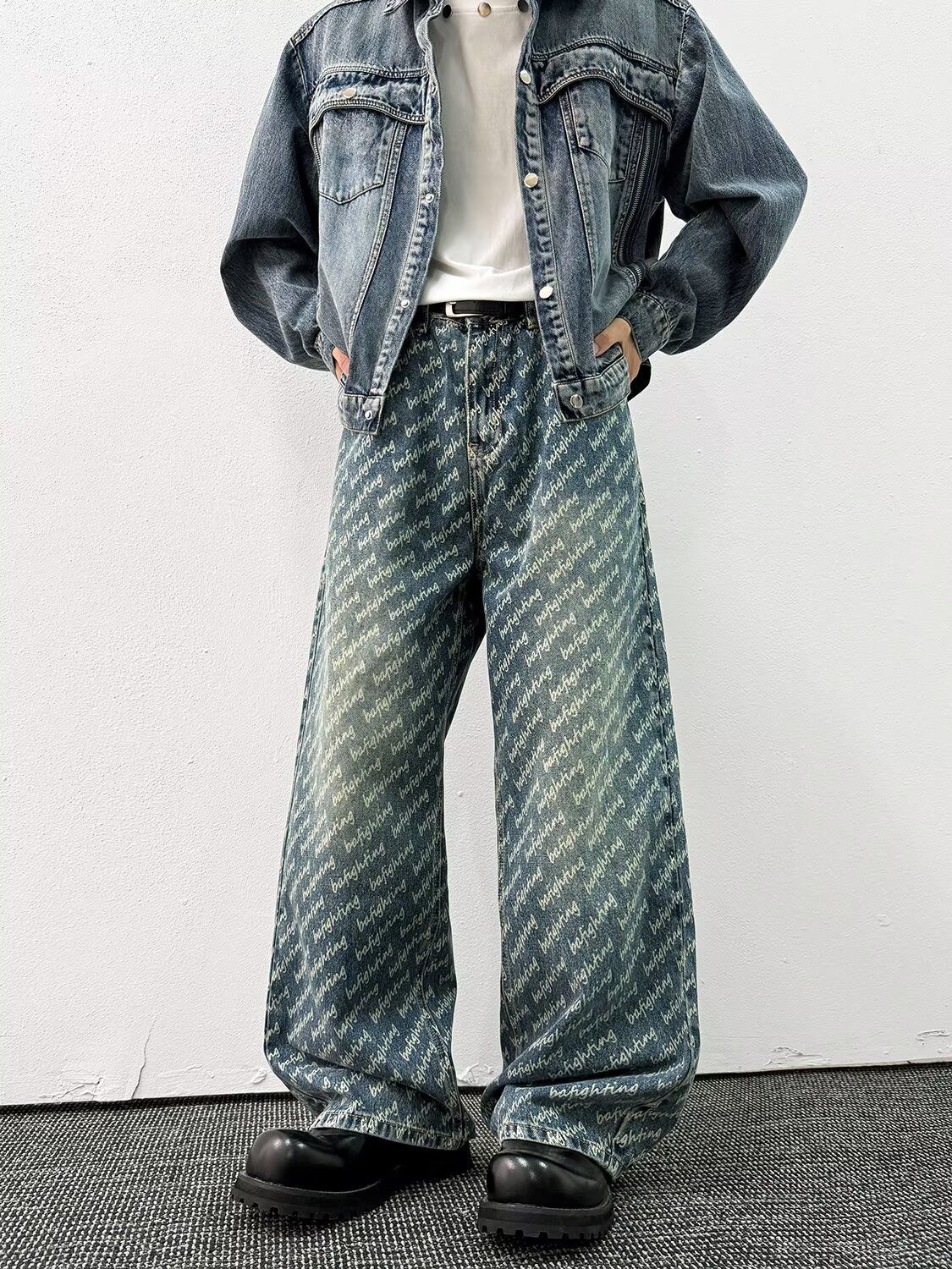 Spring And Autumn American Style Casual Chic Jacquard Full Print Jeans For Men, Straight Loose Fit Versatile Wide-Leg_mkmklike.com