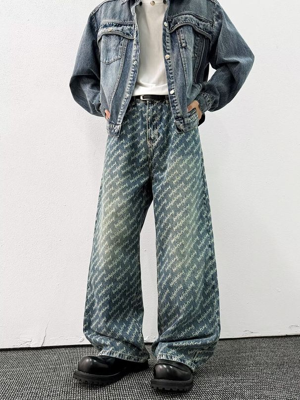 Spring And Autumn American Style Casual Chic Jacquard Full Print Jeans For Men, Straight Loose Fit Versatile Wide-Leg_mkmklike.com