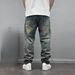 Vintage Washed Distressed Jeans For Men – Relaxed Tapered Fit With Patchwork & Raw Hem (Blue, 28-36)_mkmklike.com