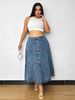 Plus Size A-Line Denim Skirt With Layered Hem - High Waist Summer Casual Skirt For Women, Streetwear Staple In Light Blue_mkmklike.com