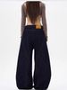 High Street Blue Denim Pants With Button Details - Oversized Flared Jeans For Men & Women, Vintage Washed Wide Leg Streetwear Trousers_mkmklike.com