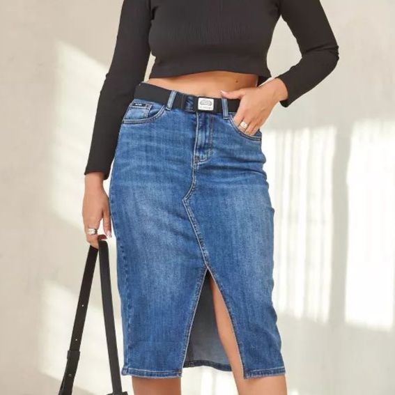 Women's Clothing Cotton Mid Length Denim Skirt With Slits_mkmklike.com