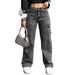 Distressed Washed Denim Cargo Pants For Women & Teens - Multi-Pocket Workwear Jeans, Streetwear Fashion, High Waist Straight Leg (Black, XS-XXL)_mkmklike.com