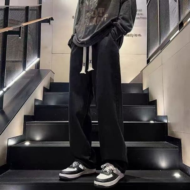 Men's Retro Straight Leg Jeans Loose Fit Solid Color Mid Waist Casual Trousers Autumn Winter High Street Versatile Long Pants_mkmklike.com