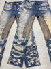 High Street Men's Blue Jeans 3D Printed Applique Stitching Stretch Slim Fit Long Pants_mkmklike.com