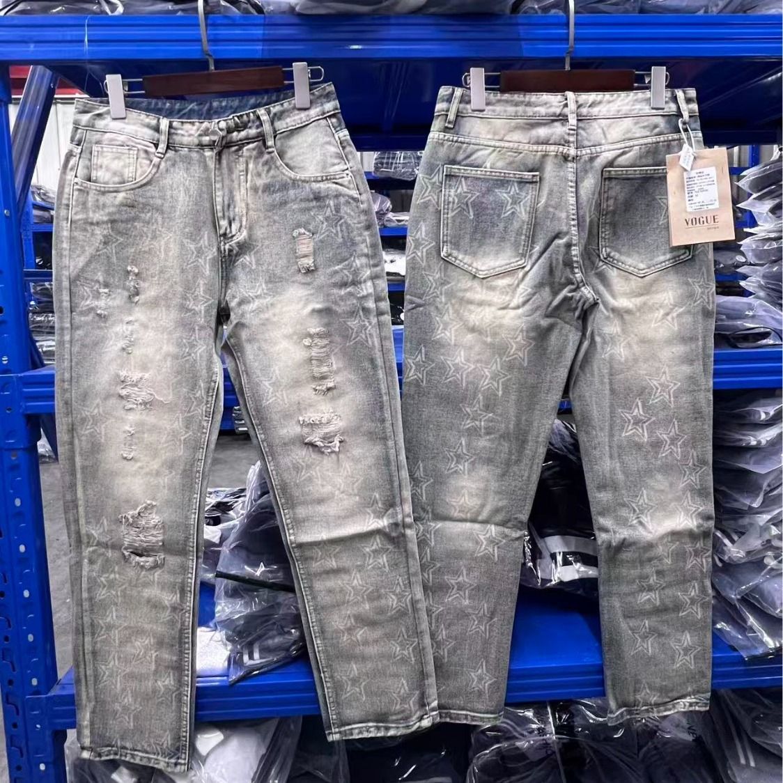 Men's Slim Fit Straight Leg Casual Pants Retro Five-Pointed Star Print Distressed Ripped Denim Long Trousers Autumn Wear_mkmklike.com