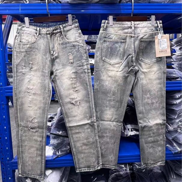 Men's Slim Fit Straight Leg Casual Pants Retro Five-Pointed Star Print Distressed Ripped Denim Long Trousers Autumn Wear_mkmklike.com