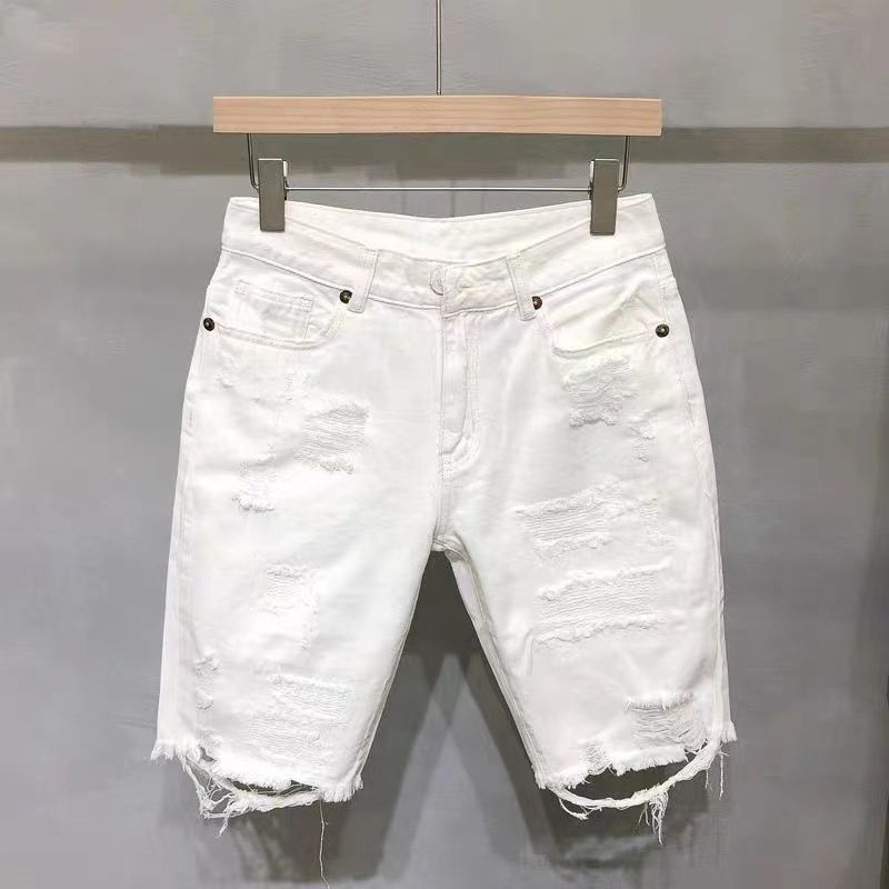 Men's Clothing Ripped Denim Shorts Men's Summer Thin Loose Straight Cat Whisker White Five-point Pants Trendy Brand Mid-length Pants_mkmklike.com
