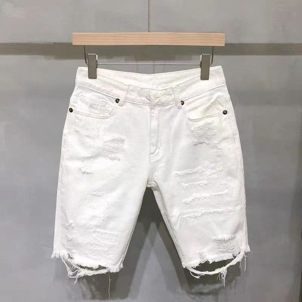 Men's Clothing Ripped Denim Shorts Men's Summer Thin Loose Straight Cat Whisker White Five-point Pants Trendy Brand Mid-length Pants_mkmklike.com
