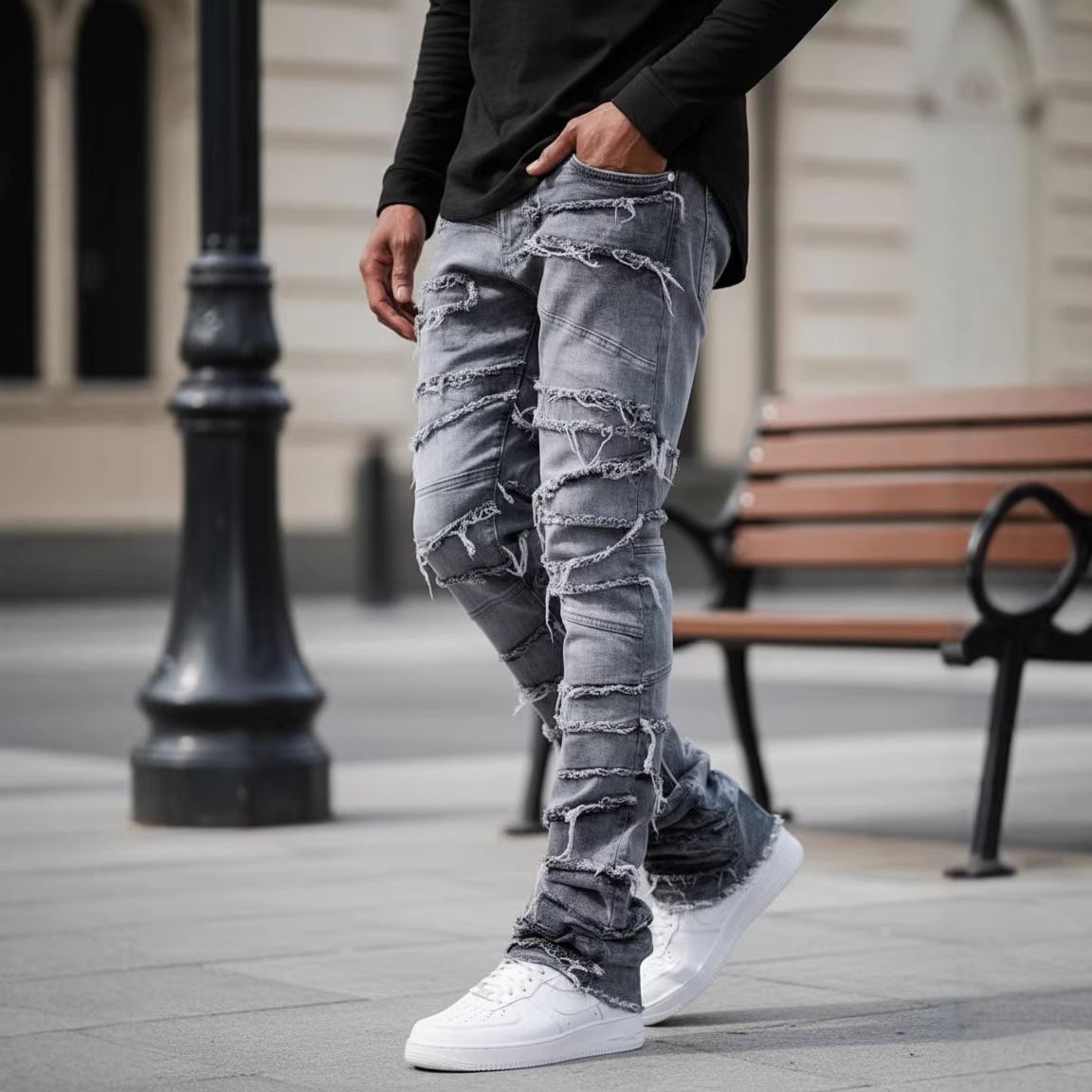 Men's High-Street Patchwork Denim Jeans Raw Hem Straight Leg Casual Urban Style Classic Wash S-XXXL_mkmklike.com