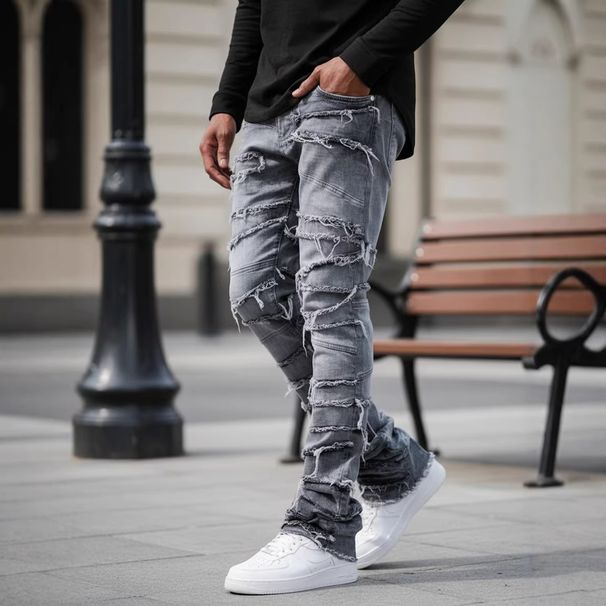 Men's High-Street Patchwork Denim Jeans Raw Hem Straight Leg Casual Urban Style Classic Wash S-XXXL_mkmklike.com