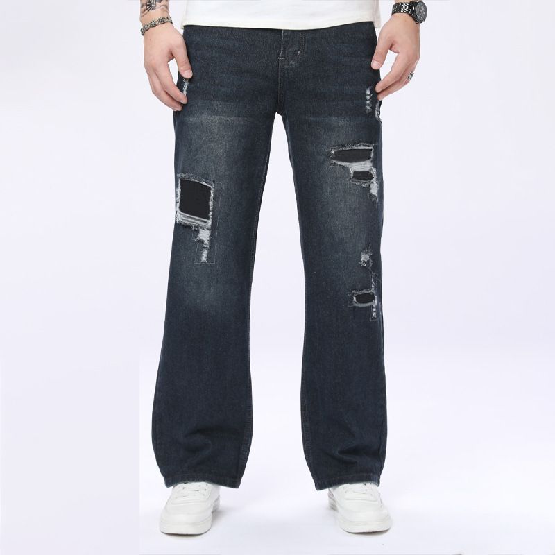 Men's Dark Blue Ripped Straight Leg Denim Jeans Trendy Casual Suitable For All Seasons_mkmklike.com