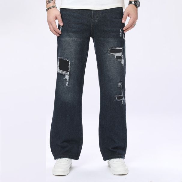 Men's Dark Blue Ripped Straight Leg Denim Jeans Trendy Casual Suitable For All Seasons_mkmklike.com