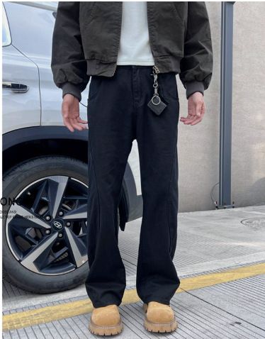 Men's Retro High-Waisted Work Pants – Classic Straight To Slight Flare Fit, Durable Cotton Denim For Streetwear & Casual Wear (Black/Grey, M-3XL)_mkmklike.com