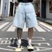 Vibe Brand 5 Point Denim Shorts For Men Loose Fitting Light Blue Cargo Style Cool And Trendy Summer Available_mkmklike.com