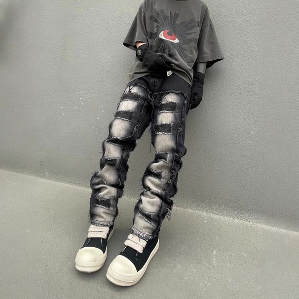 "Grunge Distressed Patchwork Slim Straight Jeans For Men – Raw Hem, Dark Grey Washed Denim & Handmade Rips | Edgy Streetwear Essential"_mkmklike.com